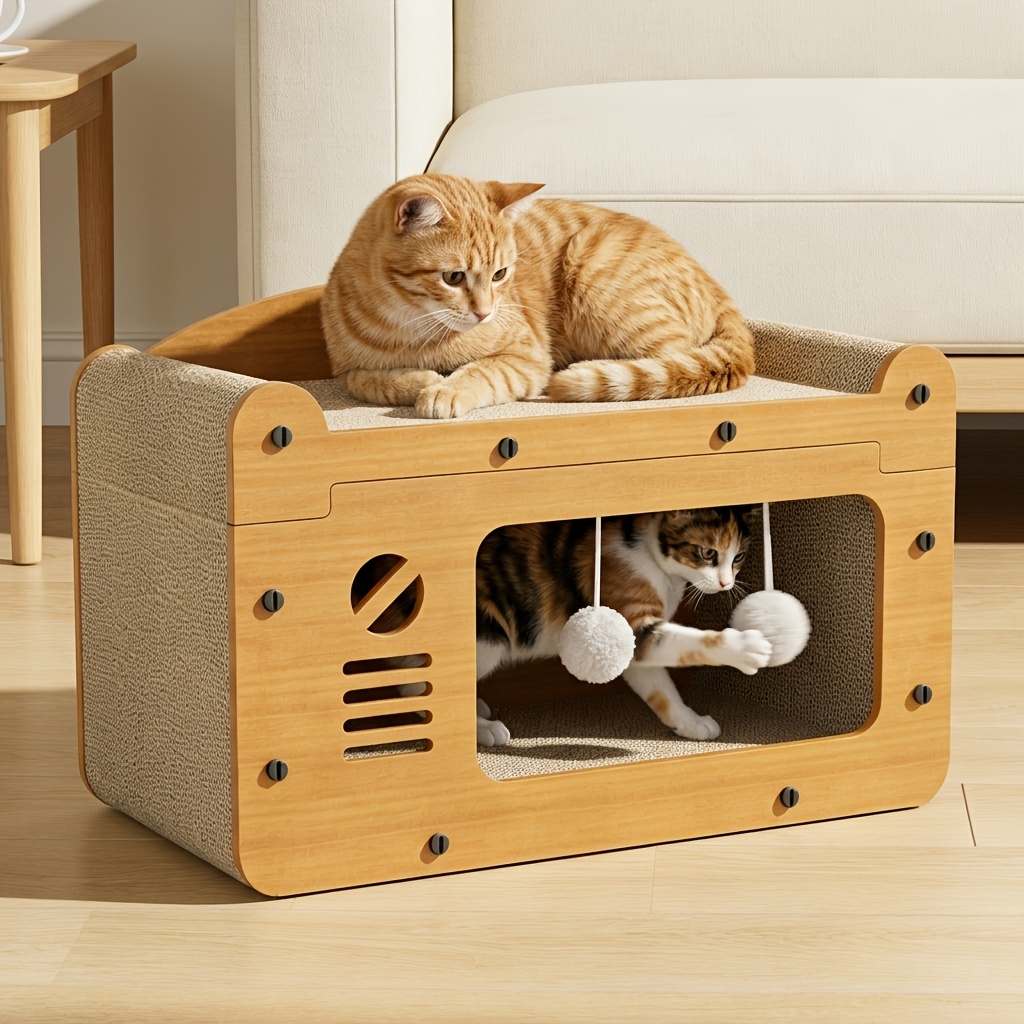 3-in-1 Cat Sofa Bed With Scratching Board, Multifunctional Cat House With Hanging Plush Ball Toy, Corrugated Cardboard Cat Scratcher Hideout For Indoor Kitten Rest & Play