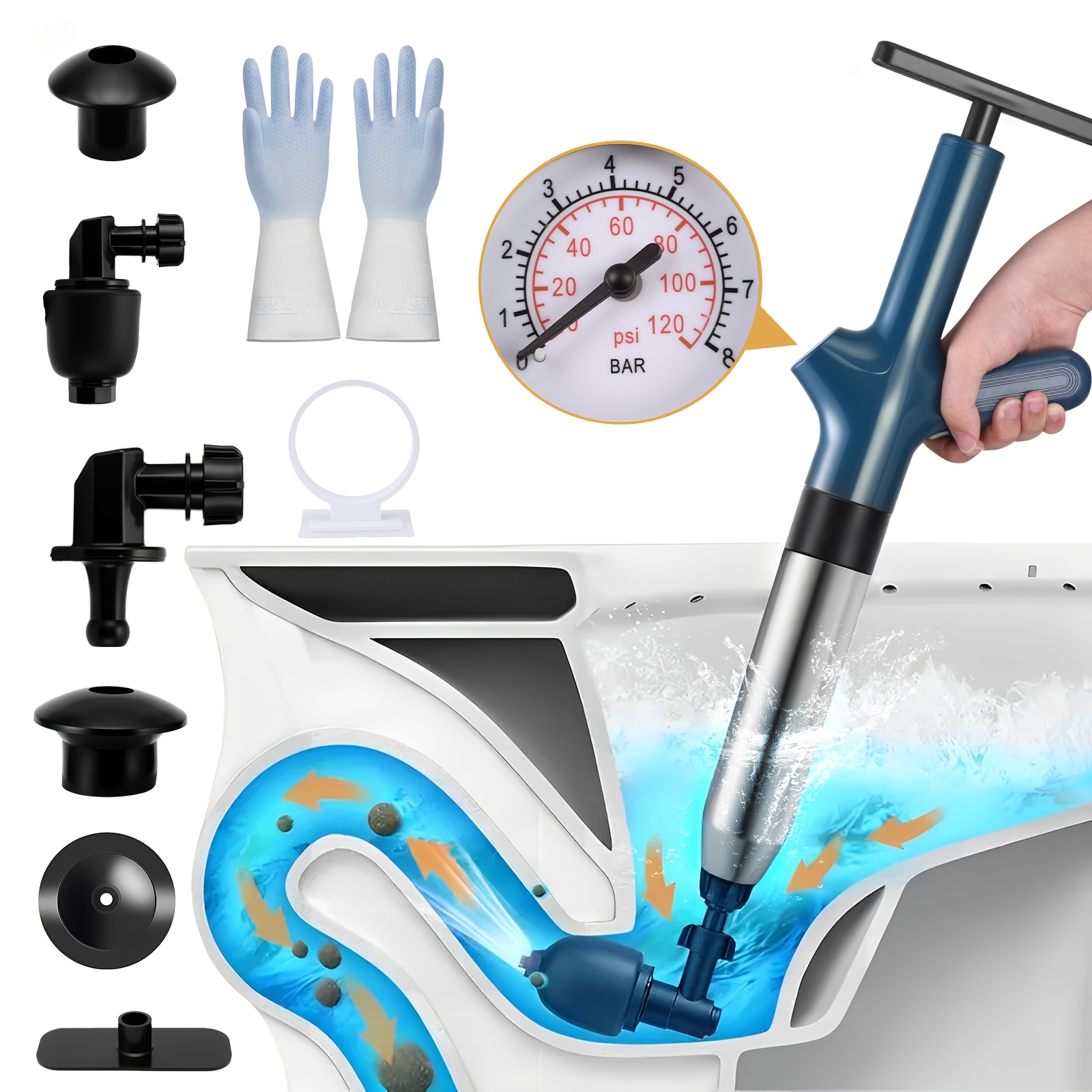 TEMU Toilet Plunger, High-pressure Air Drain Blaster, Sink Plunger With Real-time Pressure Indicator, Powerful Stainless Steel Toilet For Clogs In