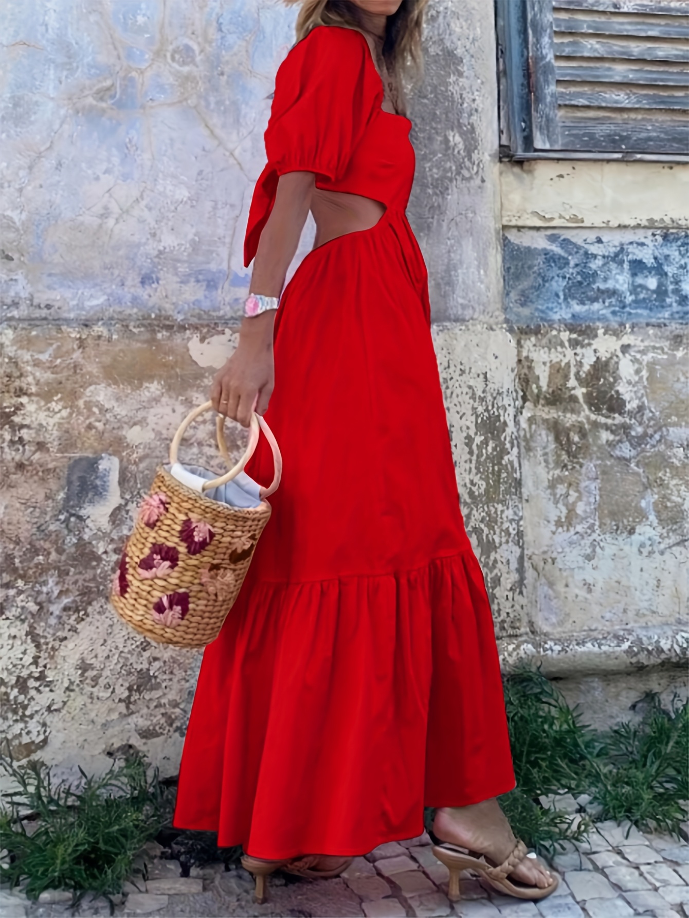 womens red square neck short sleeve dress back tie detail - Temu Pakistan