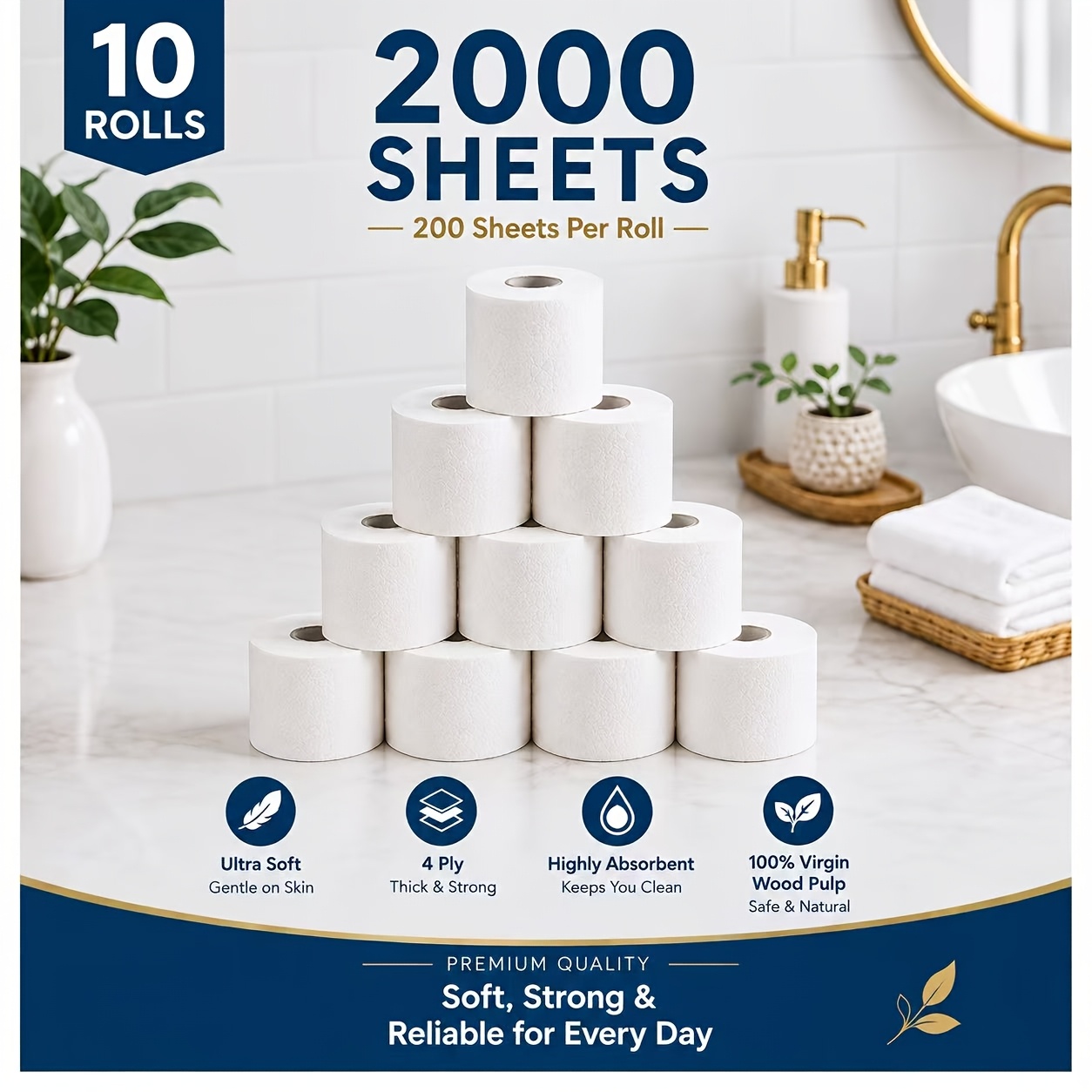 TEMU 2000 Sheets 10 Rolls Toilet Paper, 600 Sheets 3 Rolls Ultra Soft 4-ply Bathroom Tissue, Thick Strong & Absorbent, Skin, 100% Wood , , , Bulk