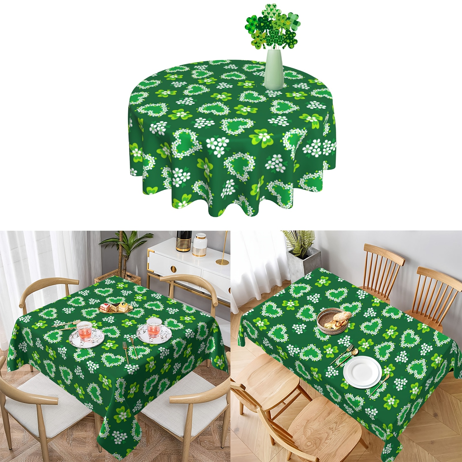 

1pc Green Shamrock & Clover Pattern Polyester Tablecloth - Round, Washable, 's Day Celebrations, Picnics, And Outdoor Dining