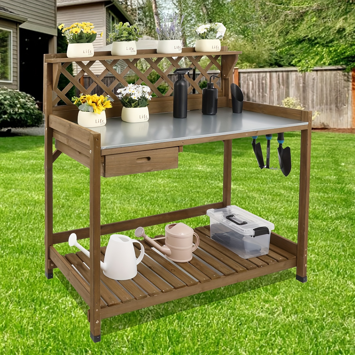 

Wooden Potting Table, Wood Metal Table Top, Drawer, For Patio, ,