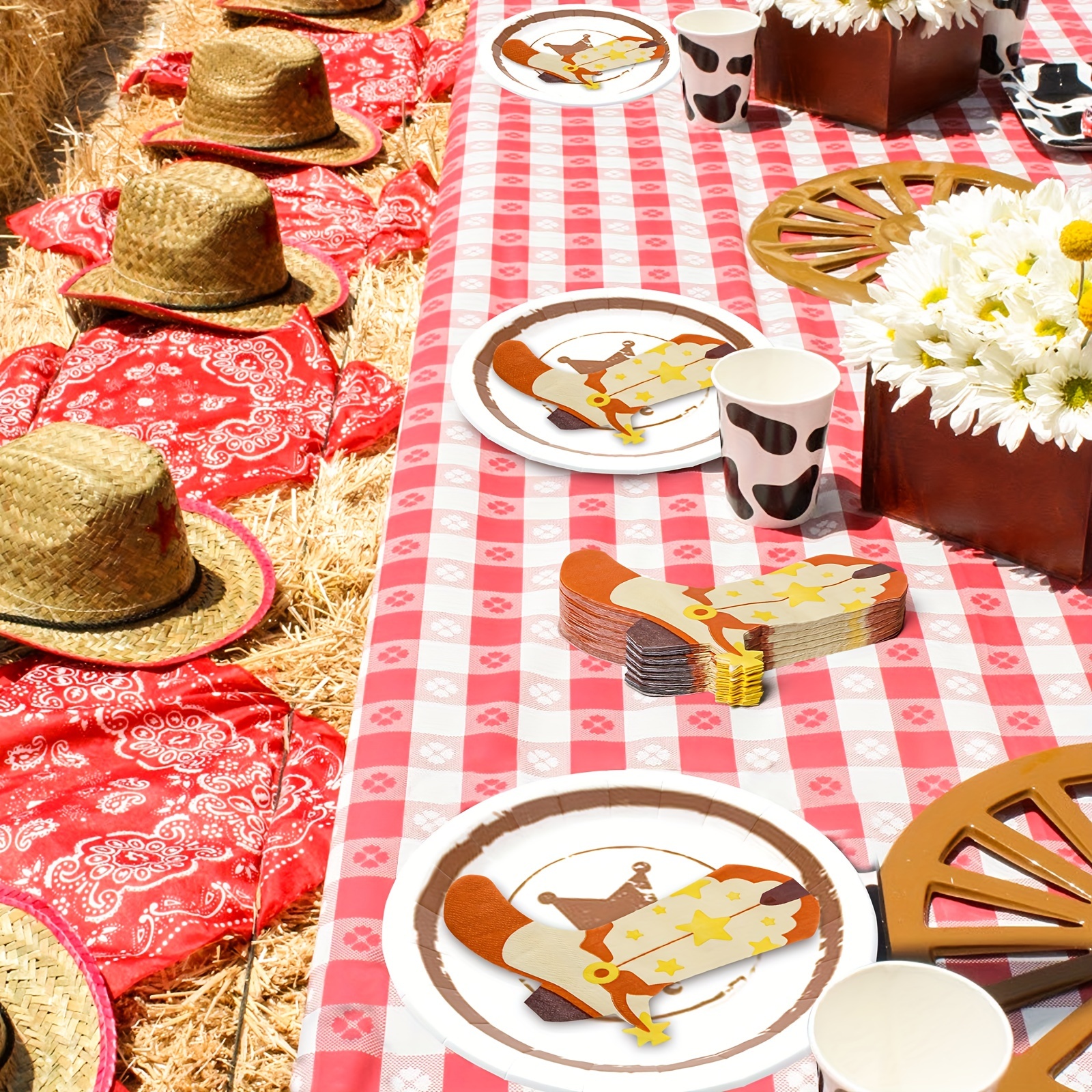 Kit Décoration Fête Western Cowboy - 61 Pièces Pour 20 Personnes (Assiettes, Verres, Serviettes, Nappe) - Thème Ranch