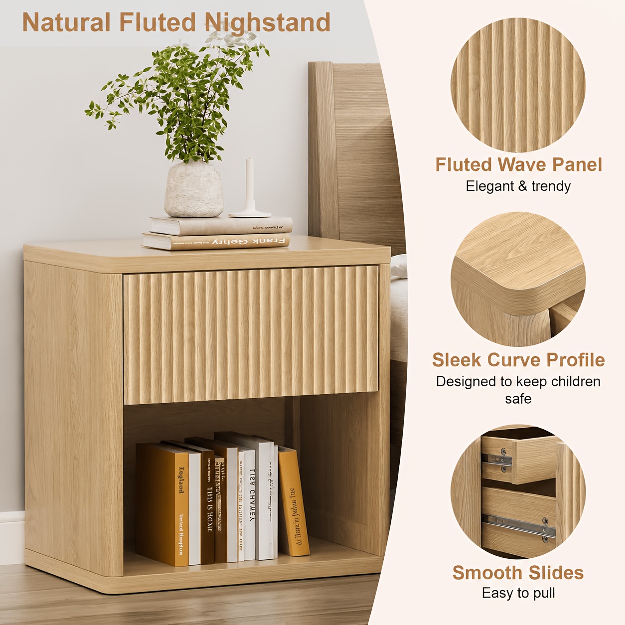 Modern Space-Saving Nightstand with Hidden Drawers & Open Shelf - Curved Bedside Table Suitable for Small Bedrooms, Freestanding Assembly Required Bedside with Concealed Drawers and Open Shelves for Narrow Spaces
