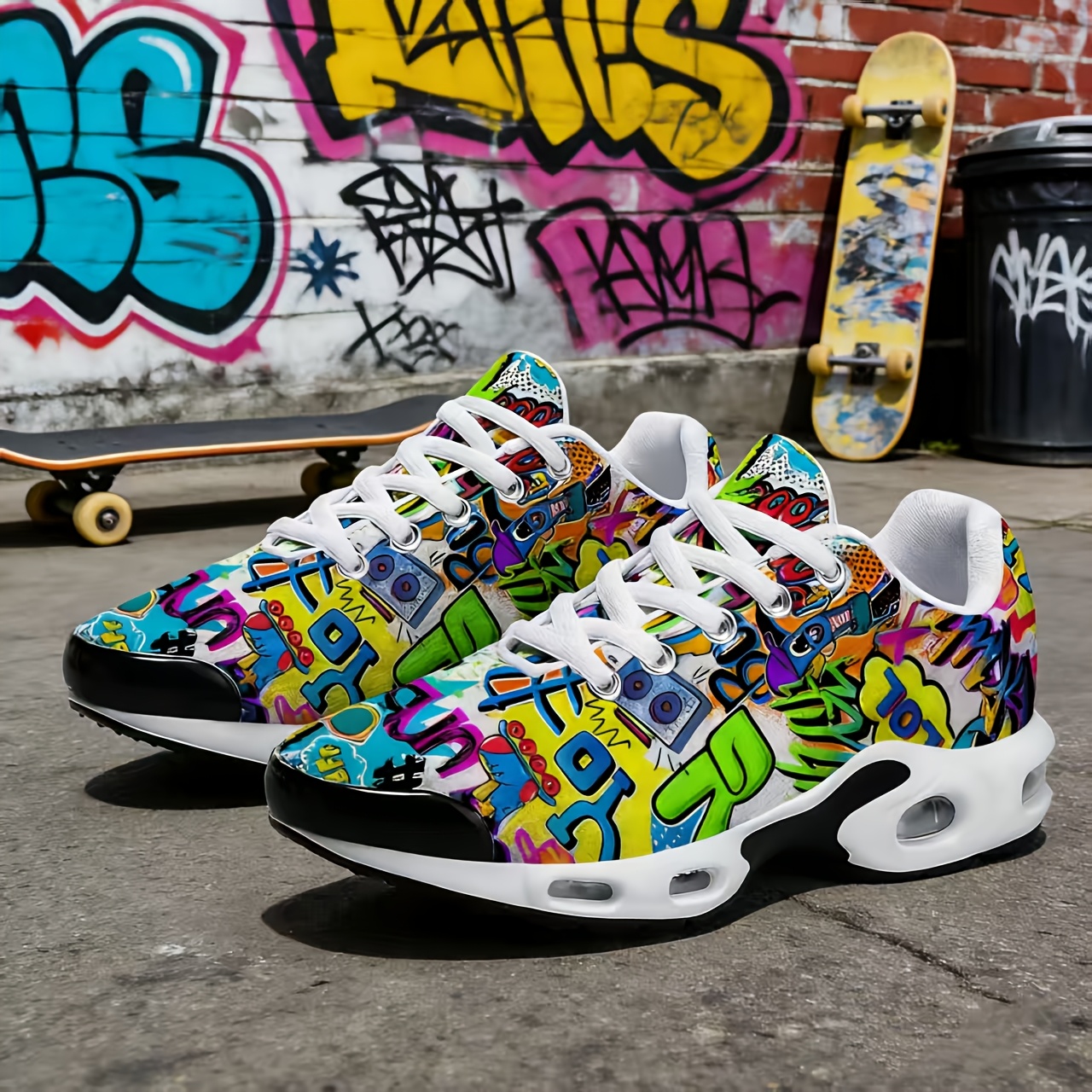 TEMU Men's Outdoor Sneakers With Unique Graffiti Print, Cushioned Soft Sole, Shock Absorption, Comfortable And Versatile Running Shoes