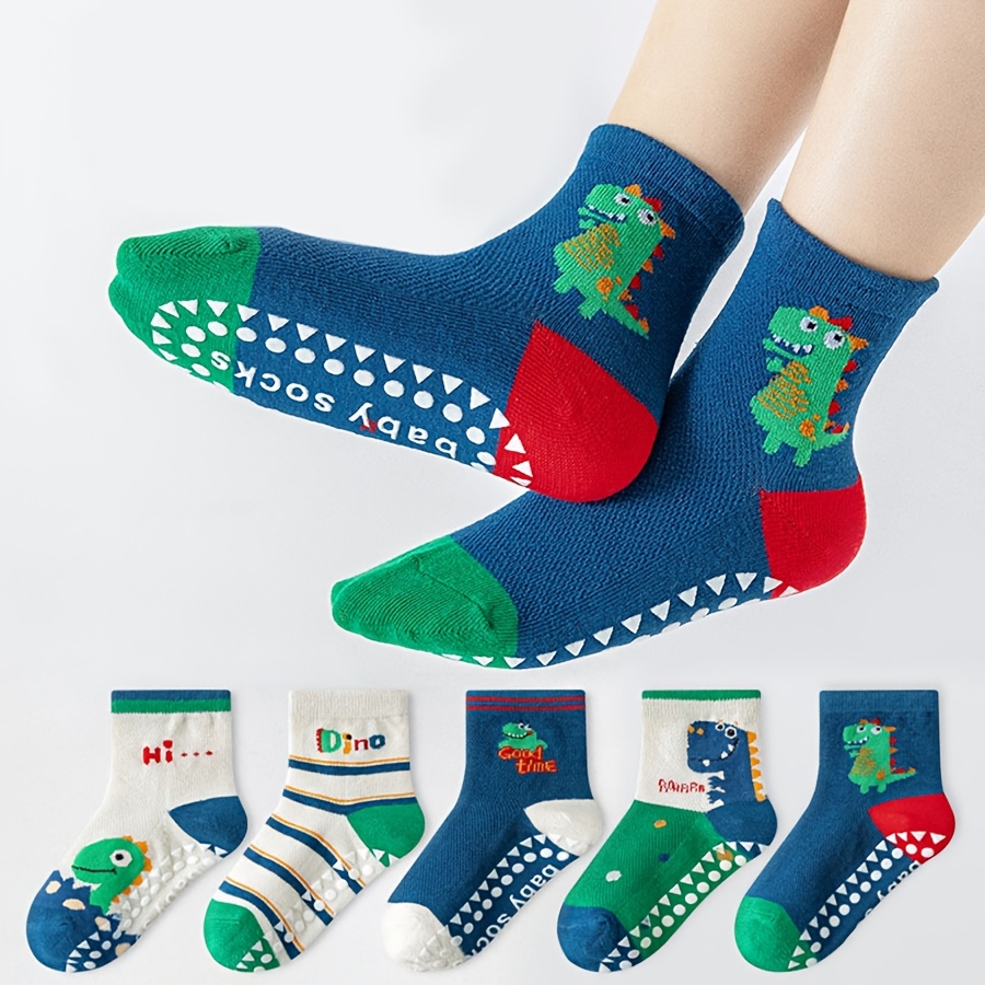 E-shop 5 Paar Cartoon-Punkt-Klebebodensocken mit Buchstabenstreifen und Tier-Dinosaurier für Jungen und Mädchen, Weiche Sohlen Rutschfeste Innensocken