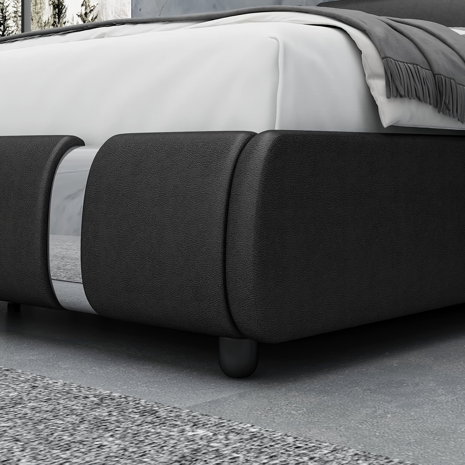 Contemporary Platform Bed Frame Made of Faux Leather, Featuring Iron Metal Accents, an Adjustable Headboard, And Wooden Slats for Support, Eliminating The Need for a Box Spring