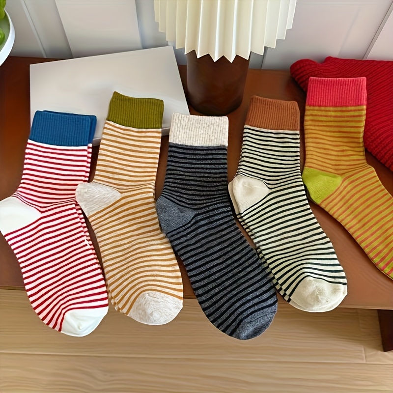 TEMU 5 Pairs Of Winter Thickened Warm Socks, Colorful Striped Knee-high Socks, Soft, Comfortable And Fashionable, Versatile, Used As Holiday Gifts, Stripes, Casual Daily Wear, Christmas, Family Gifts.