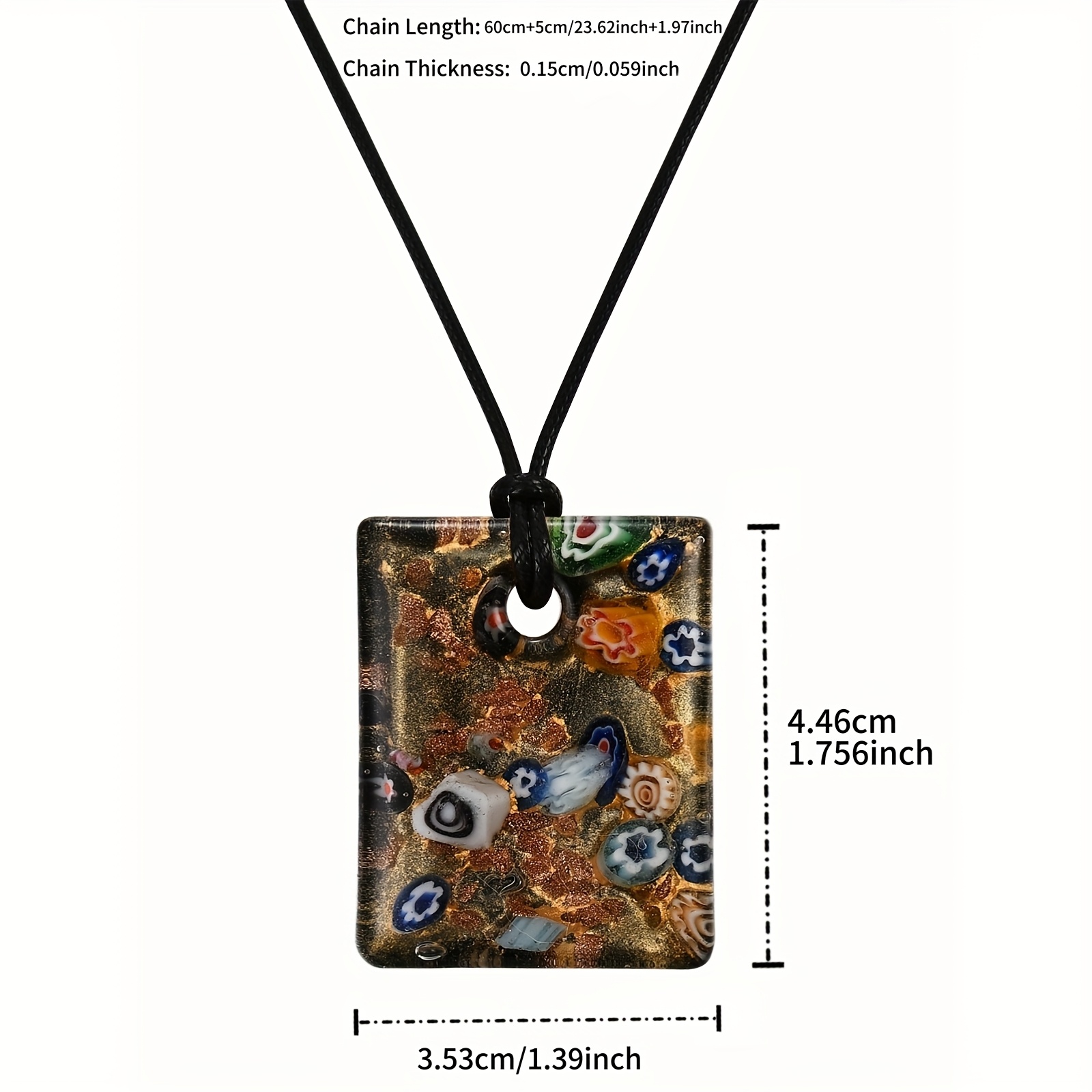Hand-Fired Floral Pattern Square Glass Pendant Necklace