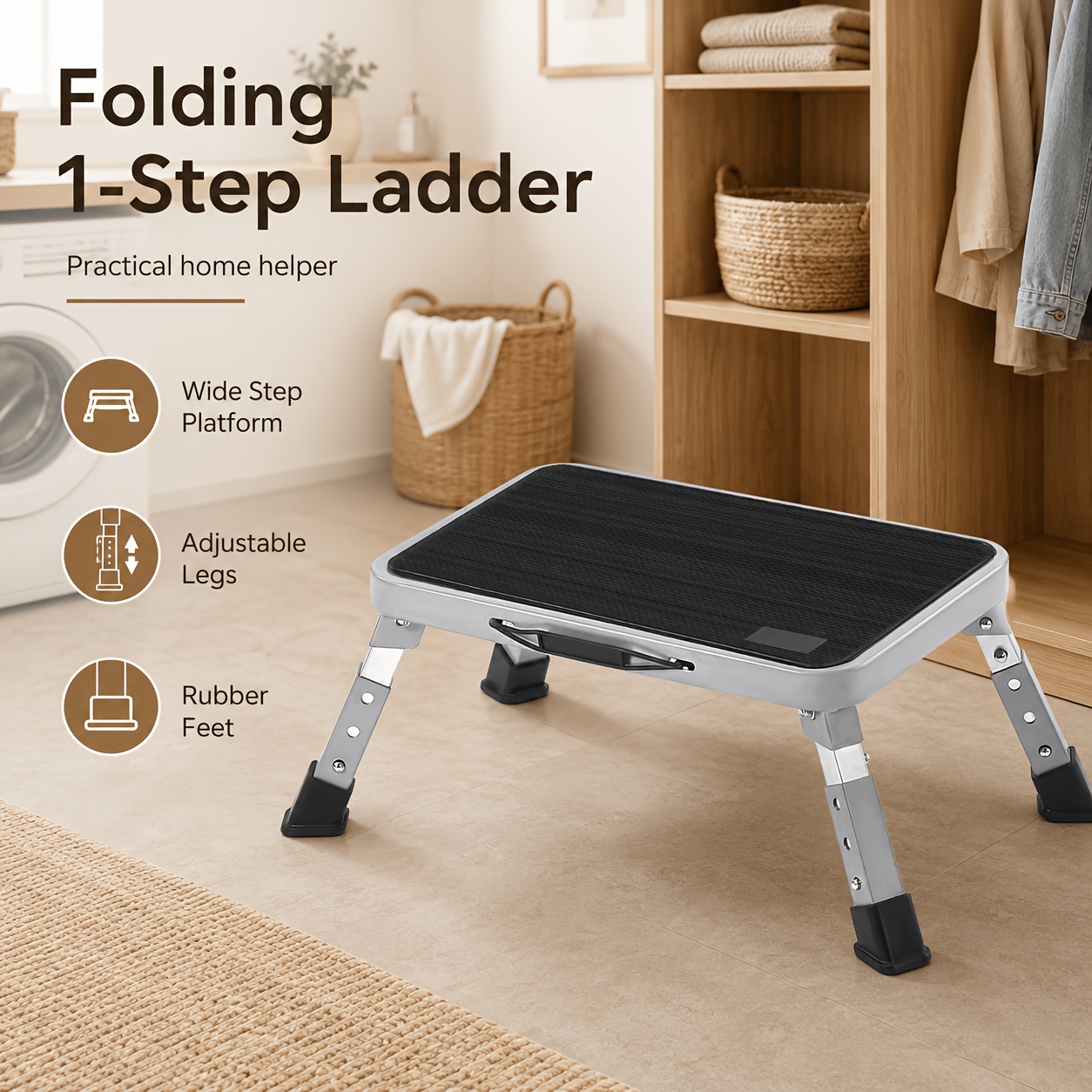 Image of Adjustable Folding Step Stool With Wide Platform, Compact Carry Design And Rubber Foot Pads, For Home, Kitchen, Wardrobe, Storage Room And Office