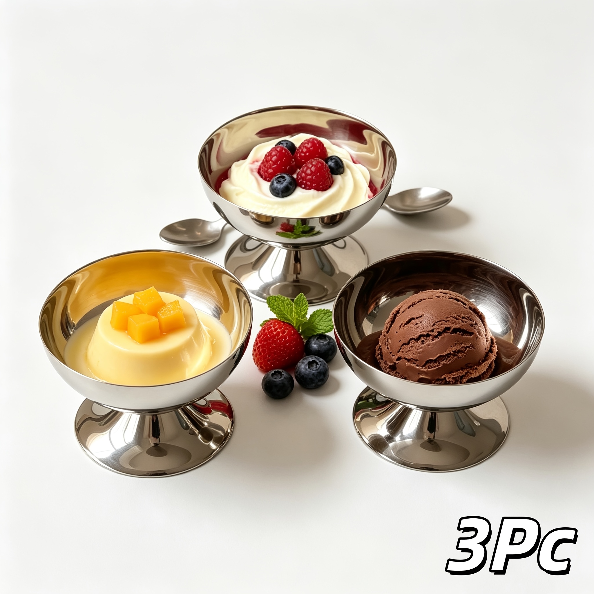 Image of 2/3pcs Stainless Steel Dessert Bowls - Dishwasher Safe Ice Cream Cups, Universal For Home And Parties