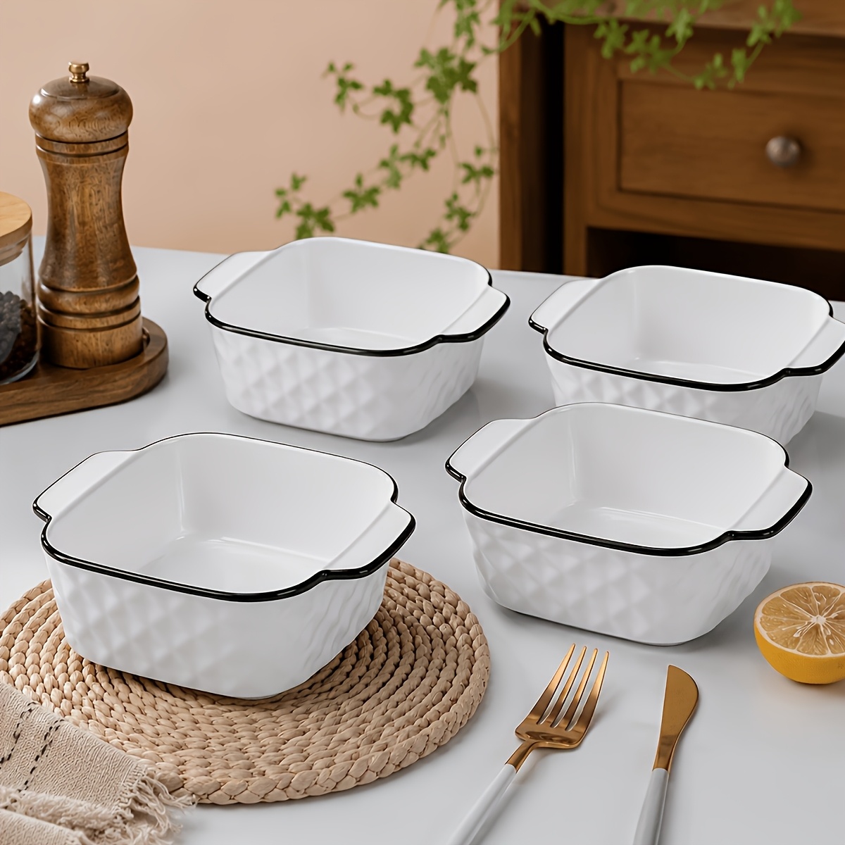Temu – TEMU 4pcs 14oz Square Ceramic Baking Dishes With Handles, Individual Bakeware, Oven, Toaster, Air Fryers& Microwave Safe, Toaster Dishwasher Safe