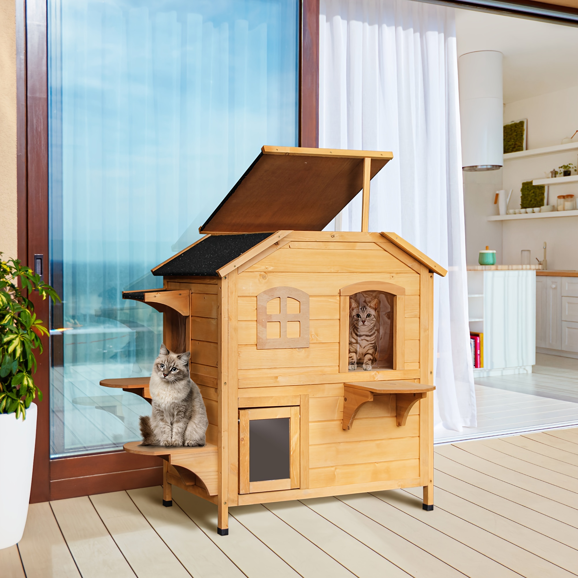 

Pawhut 2- Cat House , Wooden Cat Enclosure For , Openable , Jumping Platforms,