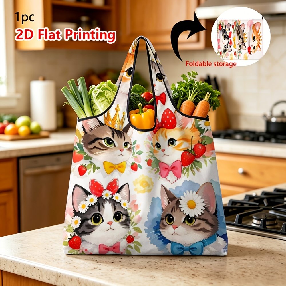 TEMU (printed Design Not Textured) 1pc Reusable Grocery Bags With Cute Cats Strawberry Daisy Pattern Foldable Shopping Bag