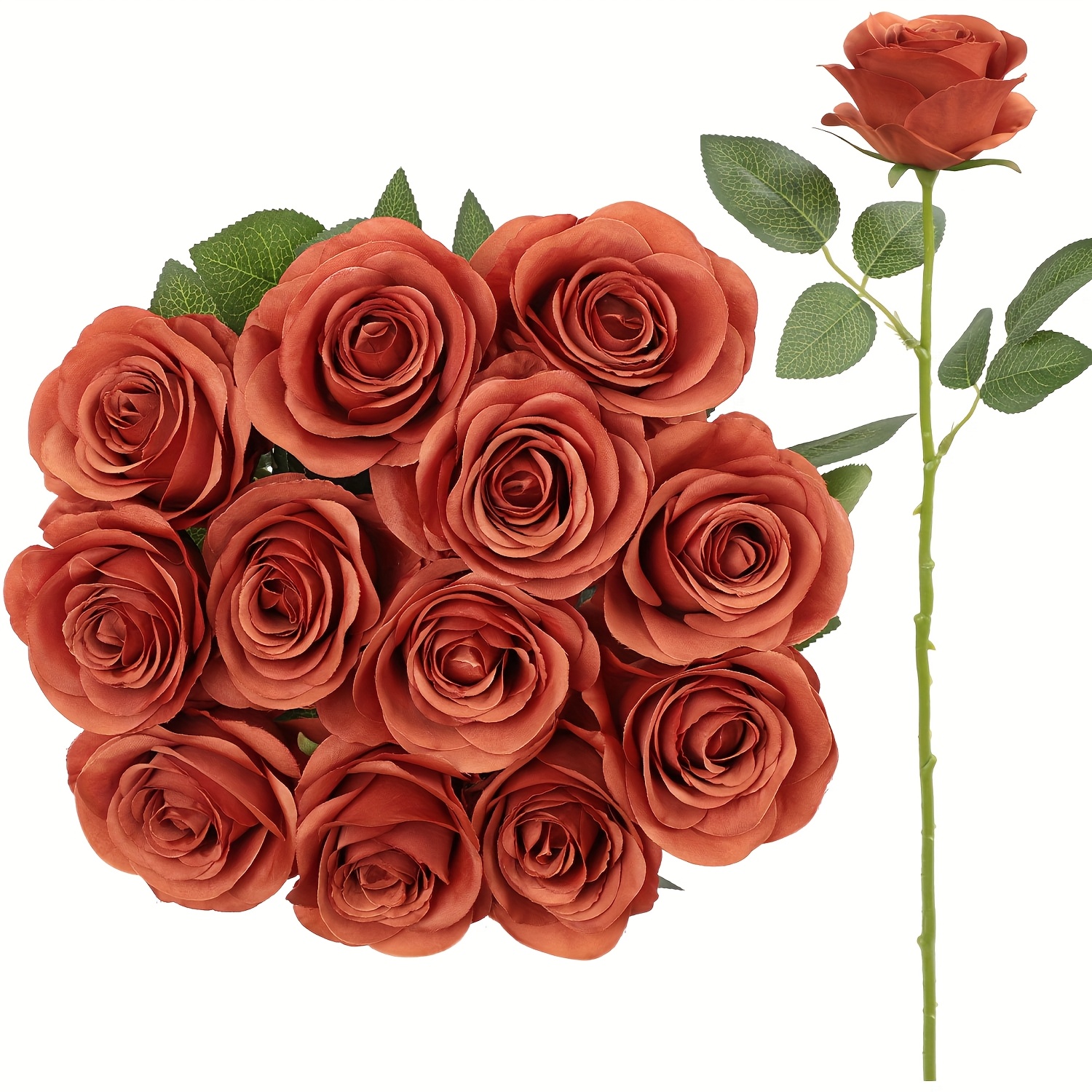 TEMU 12pcs Burnt Orange Silk Roses Artificial Flowers Fake Rose For Arrangement Wedding Party Home Decoration