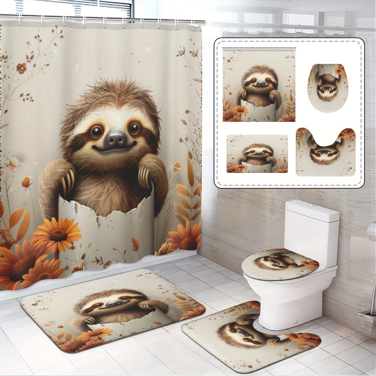 

Adorable Sloth-themed Bathroom Set - Waterproof Shower Curtain With Hooks, Non-slip Bath Mat, U-shaped Toilet Rug & Lid Cover - Home