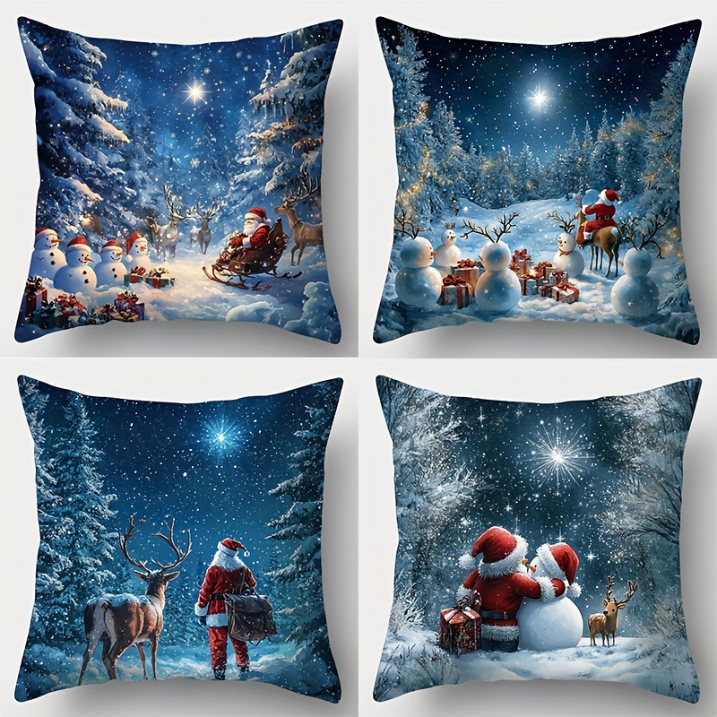 

4pcs Christmas Pillow Covers Set - Santa & Snowman Designs, 17.7" X 17.7" - Living Room, Bedroom, Sofa Decor | Zippered Polyester Cases (inserts Not Included), Machine Washable