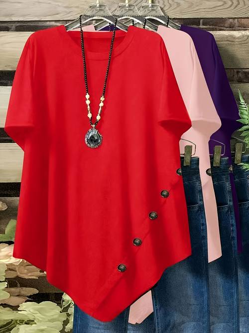 3pcs set of plus size loose fit short sleeve casual t shirts with button detail and asymmetrical hem round neck summer womens