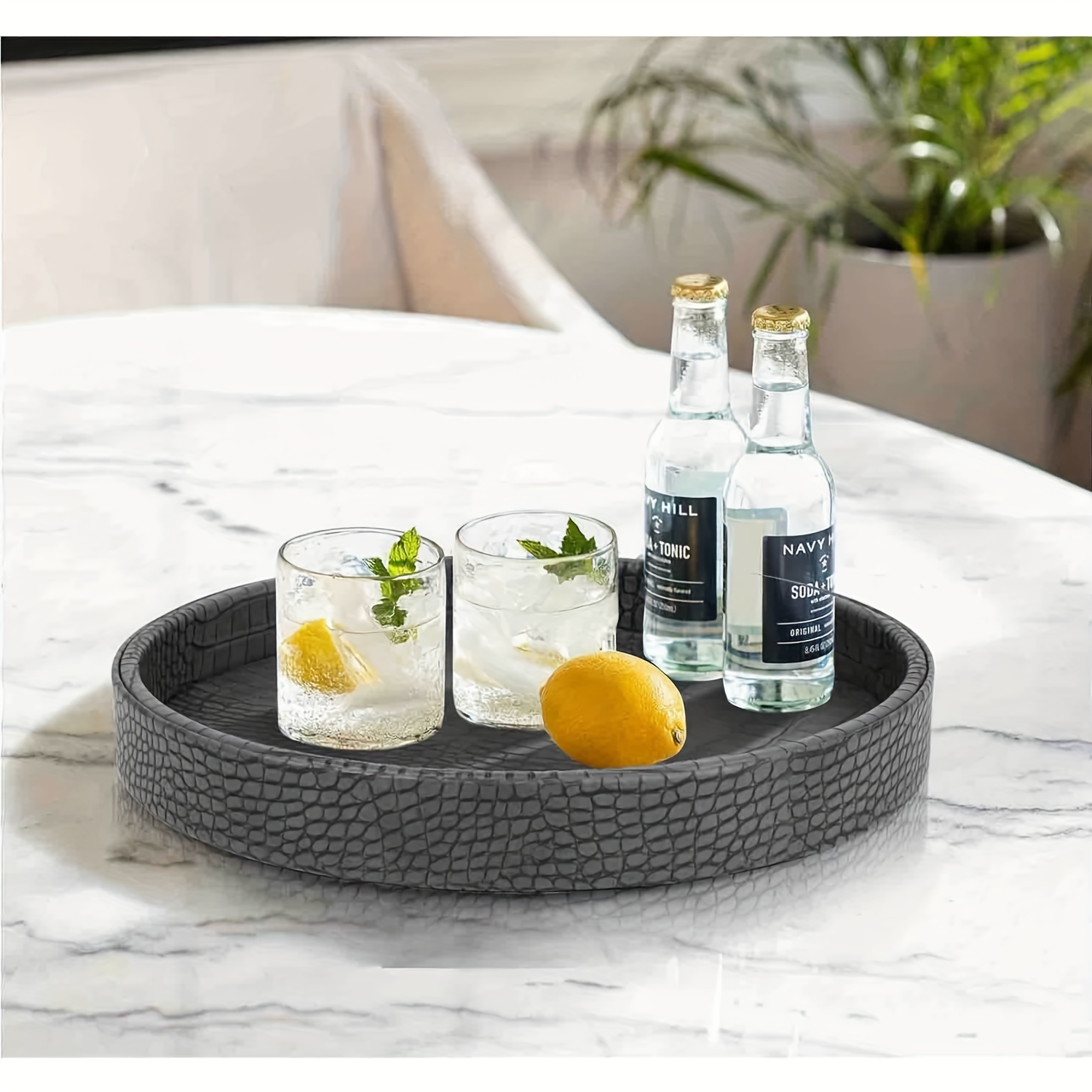 

1pc Elegant Gray Leather Round Serving Tray, 12-inch - Drinks, Snacks & Cosmetics | Decorative Textured Design | Ideal For Home Entertaining And Tabletop Decor, Hofferruffer