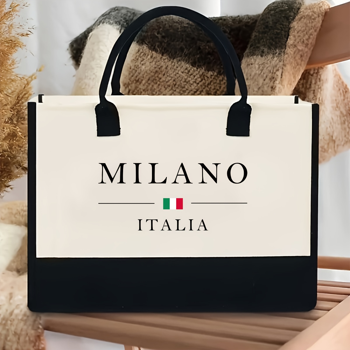 

Italian Flag Print Canvas Tote Bag For Women, Fashionable Shoulder Bag, Mixed Color, Random Print, No Closure, No Oil Edging, Ladies Handbag And Purse