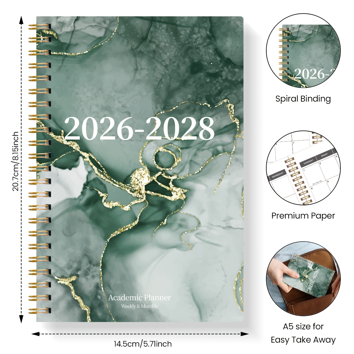 Image of 1pc A5 Monthly Planner 2026-2028 Academic Edition For Jul. 2026 To Jun. 2028, Two-year Calendar With Note Pages, Perfect For Students, Homeschool, And Office Tracking, Dark Green Marble Cover