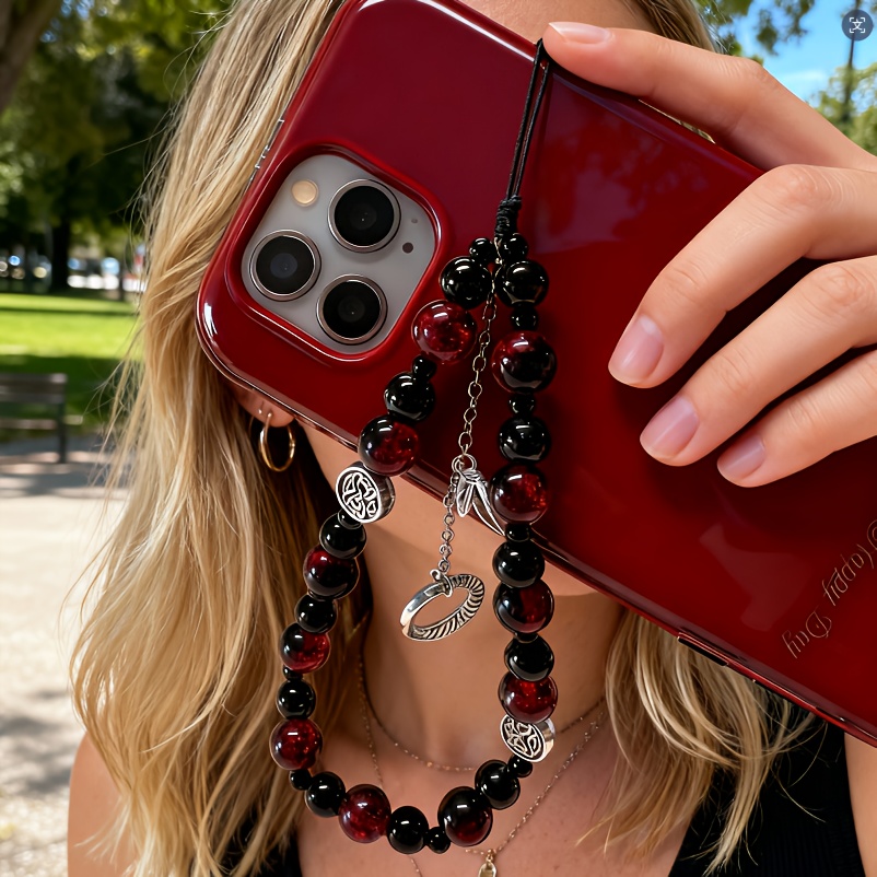 E-shop Gothic Rot-Schwarzer Perlen-Handycharme, Handygurt, Premium-Taschenanhänger, Totem-Handylanyard