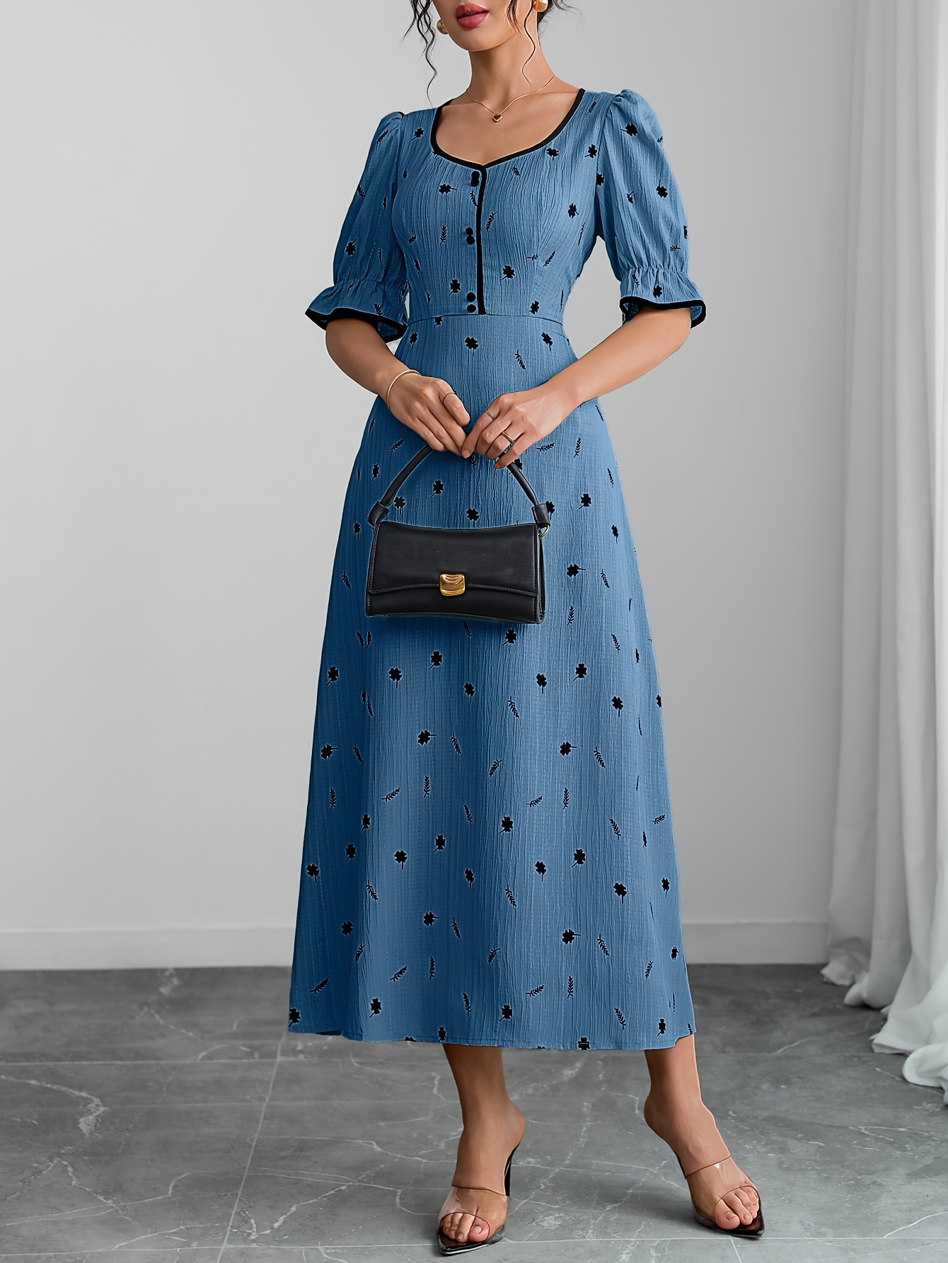 여성용 플라워 프린트 슬리브리스 마ξι 드레스 리플 디테일 포함 우아한 파란색 드레스 봄과 여름에 적합 휴가 - Temu  Republic of Korea