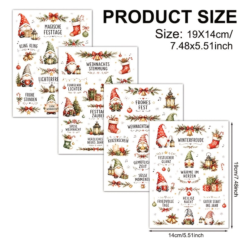 TEMU 4er-Set, Gnome Zwerge Deutsches Weihnachtsmuster, UV DTF Wasserdichtes Kratzfestes Vinylmaterial, Geeignet für Bastelarbeiten, Tassen, Flaschen,
