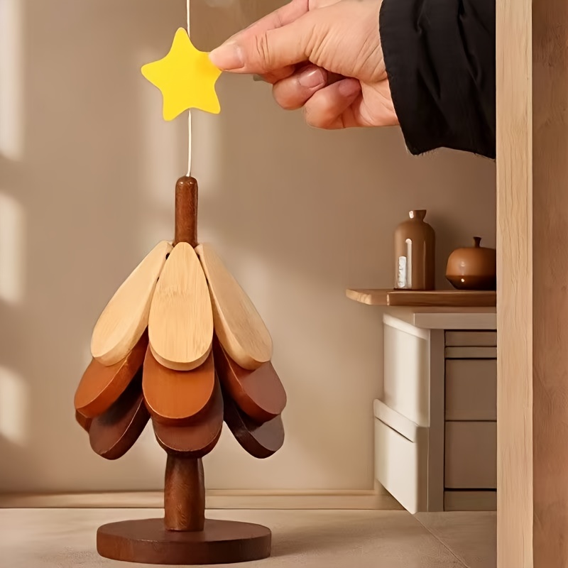 5pcs natural   wood christmas tree heat resistant coaster pot holder set with star topper sturdy base heat resistant kitchen mats for hot dishes holiday table decor durable surface protectors ideal gift   Product details 1