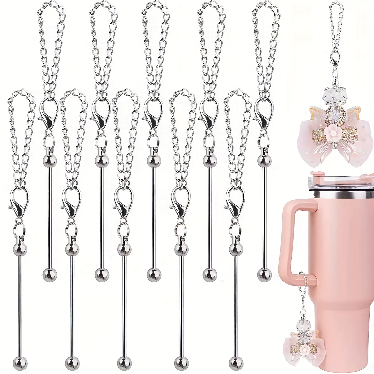 TEMU 10pcs Water Cup Handle Pendant Beaded Rod Decorative Keychain Keyring Women' Charm Diy Keychain Accessories