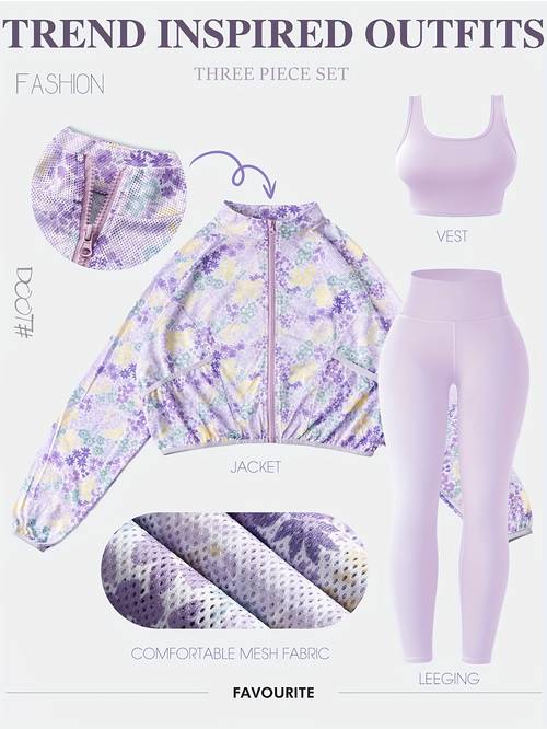 womens spring summer new mesh print breathable quick dry long sleeve zipper jacket solid color wide shoulder sports vest running training light beige fitness pants yoga suit set 3 piece accessories not included