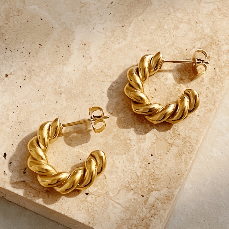 TEMU 1 Pair Of Minimalist Twisted Design Stainless Steel Earrings, Waterproof, Silvery, 18k Golden Plated, Cc Hoop Earrings, Suitable For Daily Wear