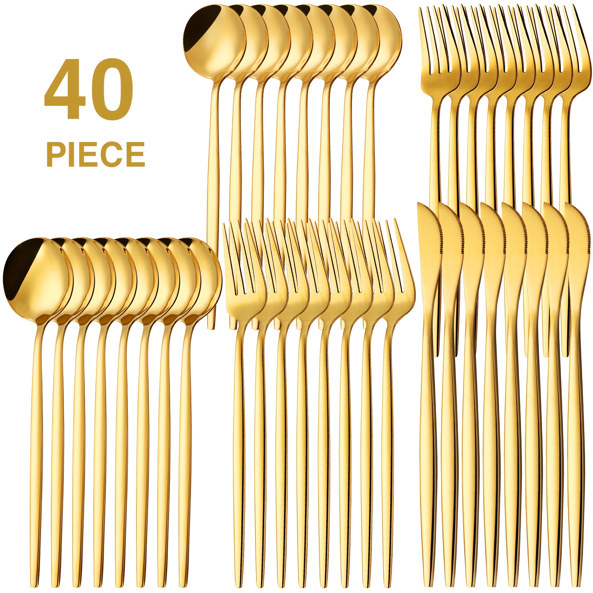 

40pcs Portuguese Cutlery Set For 8, Stainless Steel Golden Silverware Set Forks Knives Spoons, Mirror Finished Tableware Set For Home Kitchen Restaurant Wedding Christmas, Dishwasher Safe