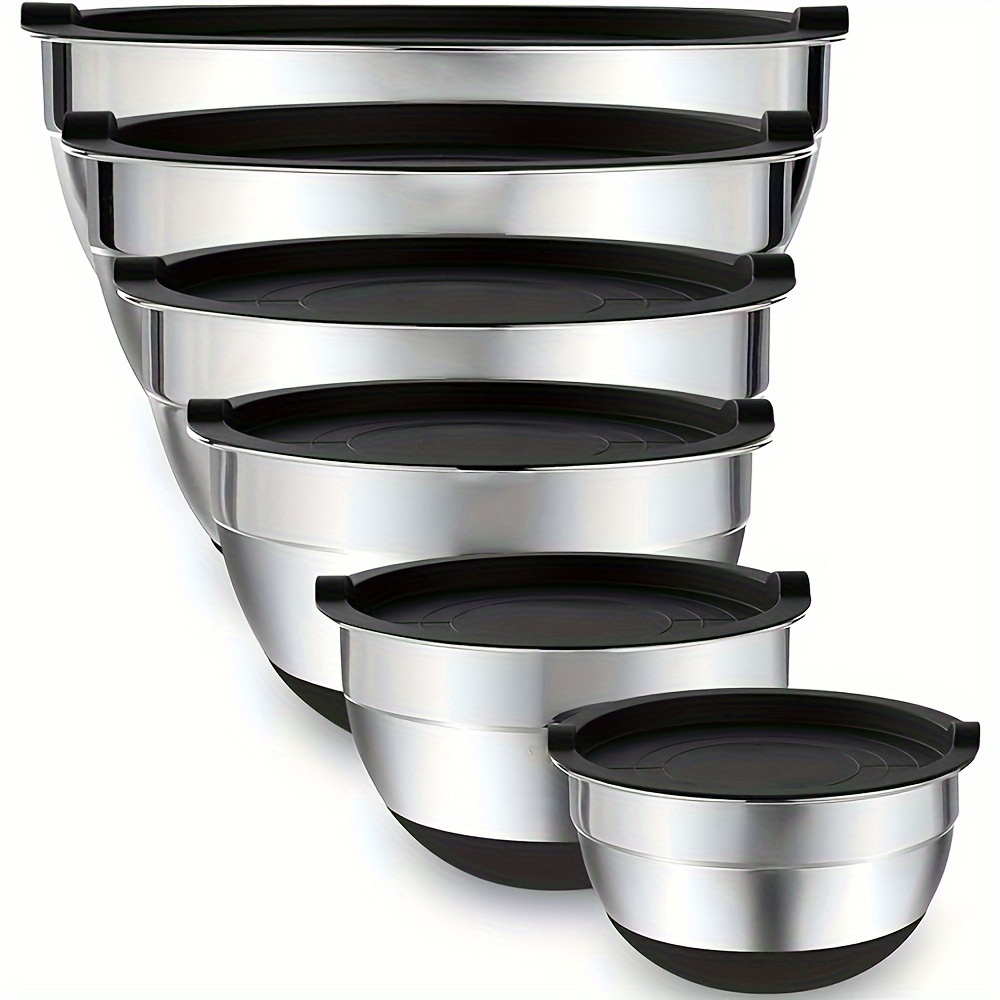 Mixing Bowls With Airtight Lids, 6pcs Stainless Steel Metal Nesting Storage Bowls, Non-slip Bottoms Size 7, 4.5, 3, 2.5, 2, 1.5qt, Great For Mixing & Serving(black)