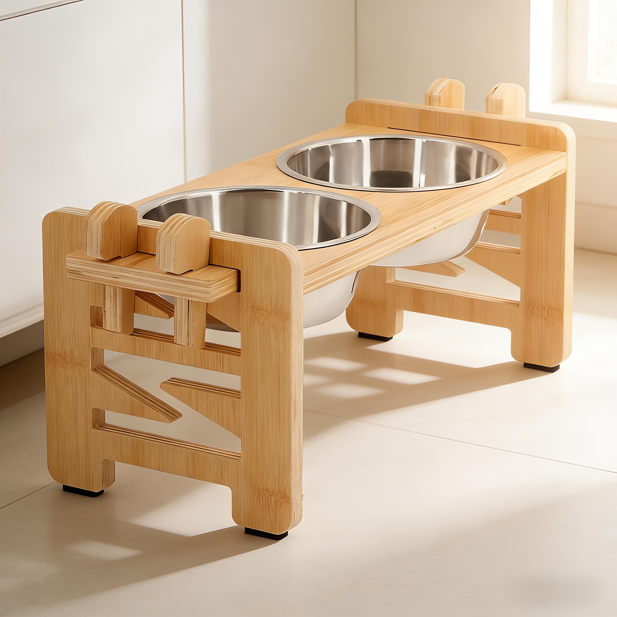 Image of Elevated Adjustable Height Wooden Dog Feeder Stand With 2 Stainless Steel Bowls, Raised Dog Food And Water Bowls Stand For Neck Protection