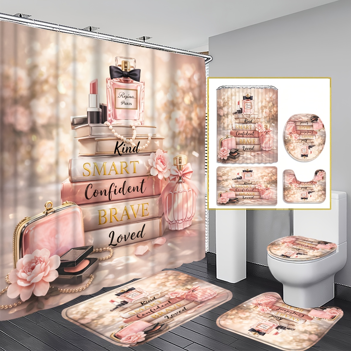 4pcs 2D Flat Beauty Shower Curtain Set with U-Shaped Toilet Lid Cover