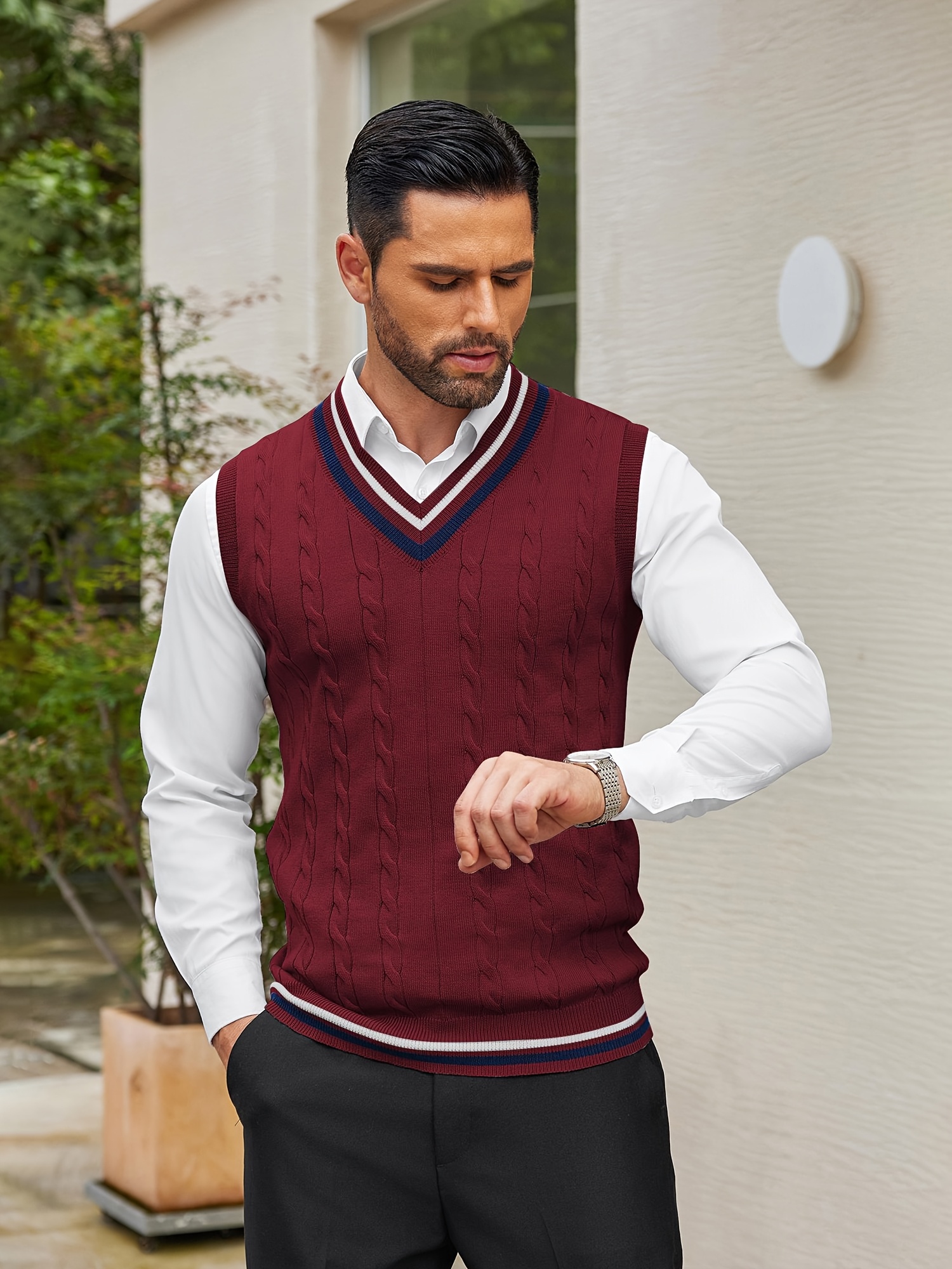 *'S Sweater Vest V Neck Casual Sleeveless Pullover Striped Cable Knit  Sweater Vest