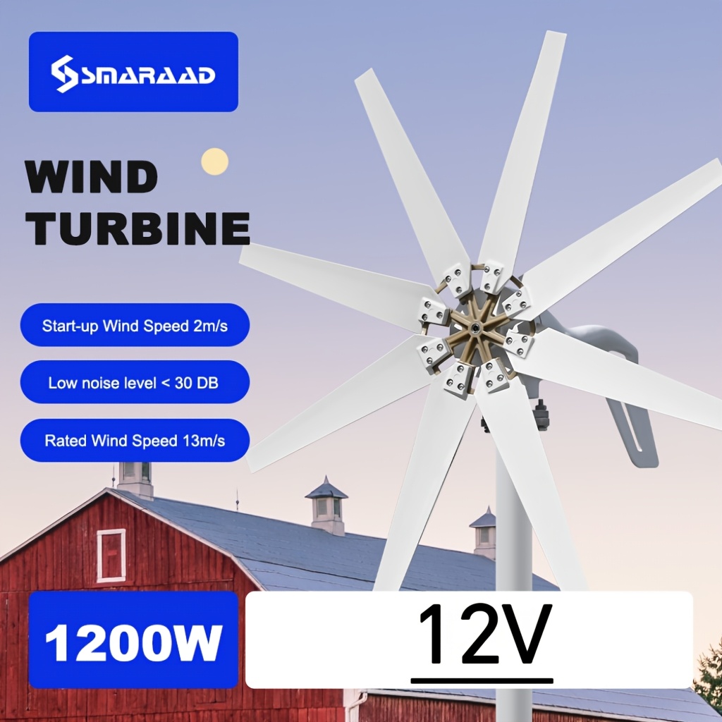 TEMU 1200w Household Horizontal-axis Wind Turbine, 8 , 12v/24v/48v, Equipped With Mppt Controller. Compact Size For Easy Portability. Suitable For