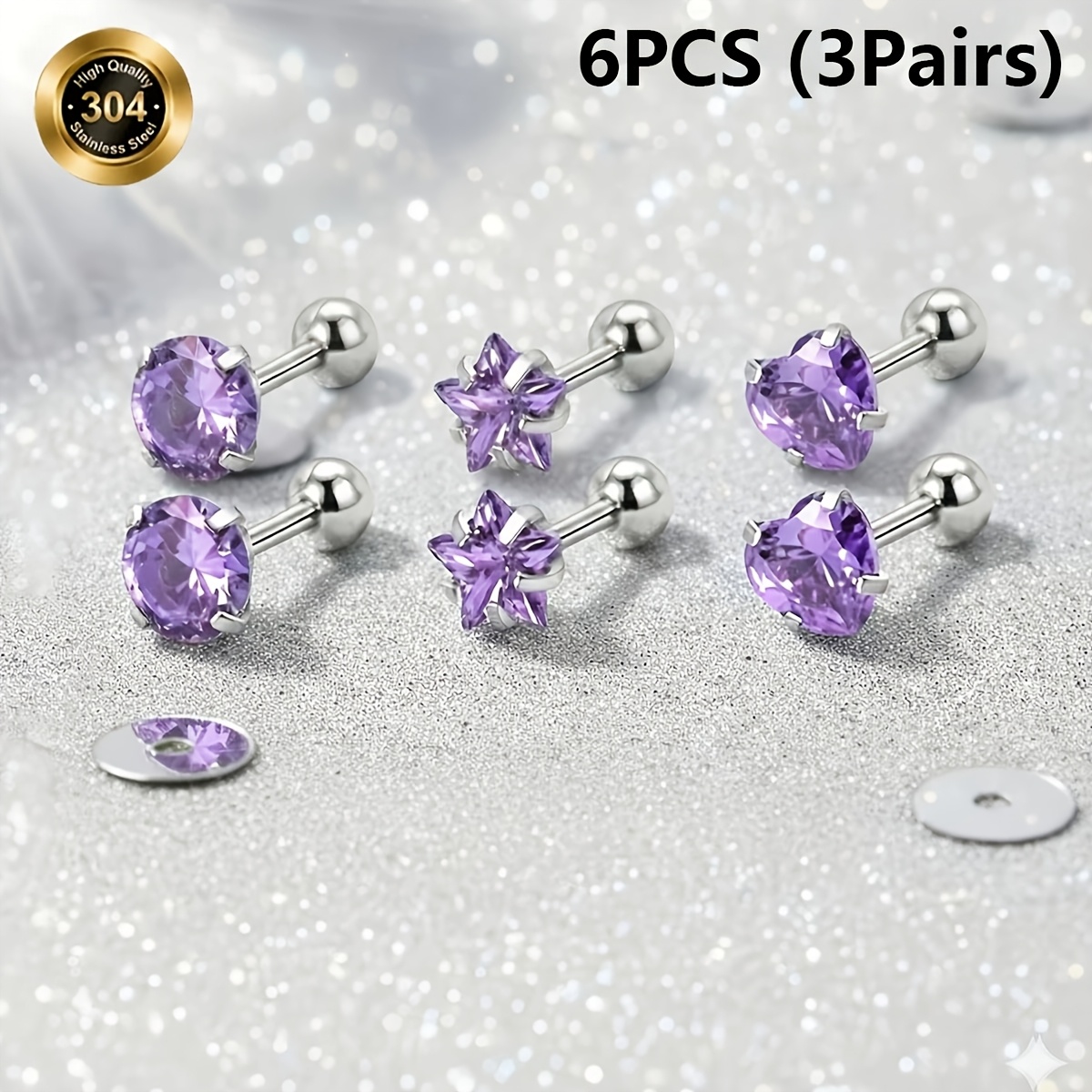 TEMU 6 paires (3 paires) d'oreilles de clou en acier inoxydable 304 304 304 304 brillant Été/Printemps, étoile à branches et cœur, synthétique,