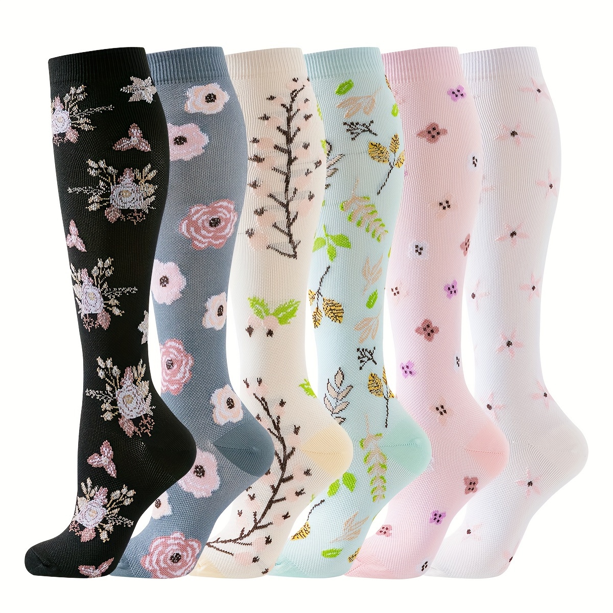 

6 Pairs Of Compressed Socks With Flower And Grass Patterns