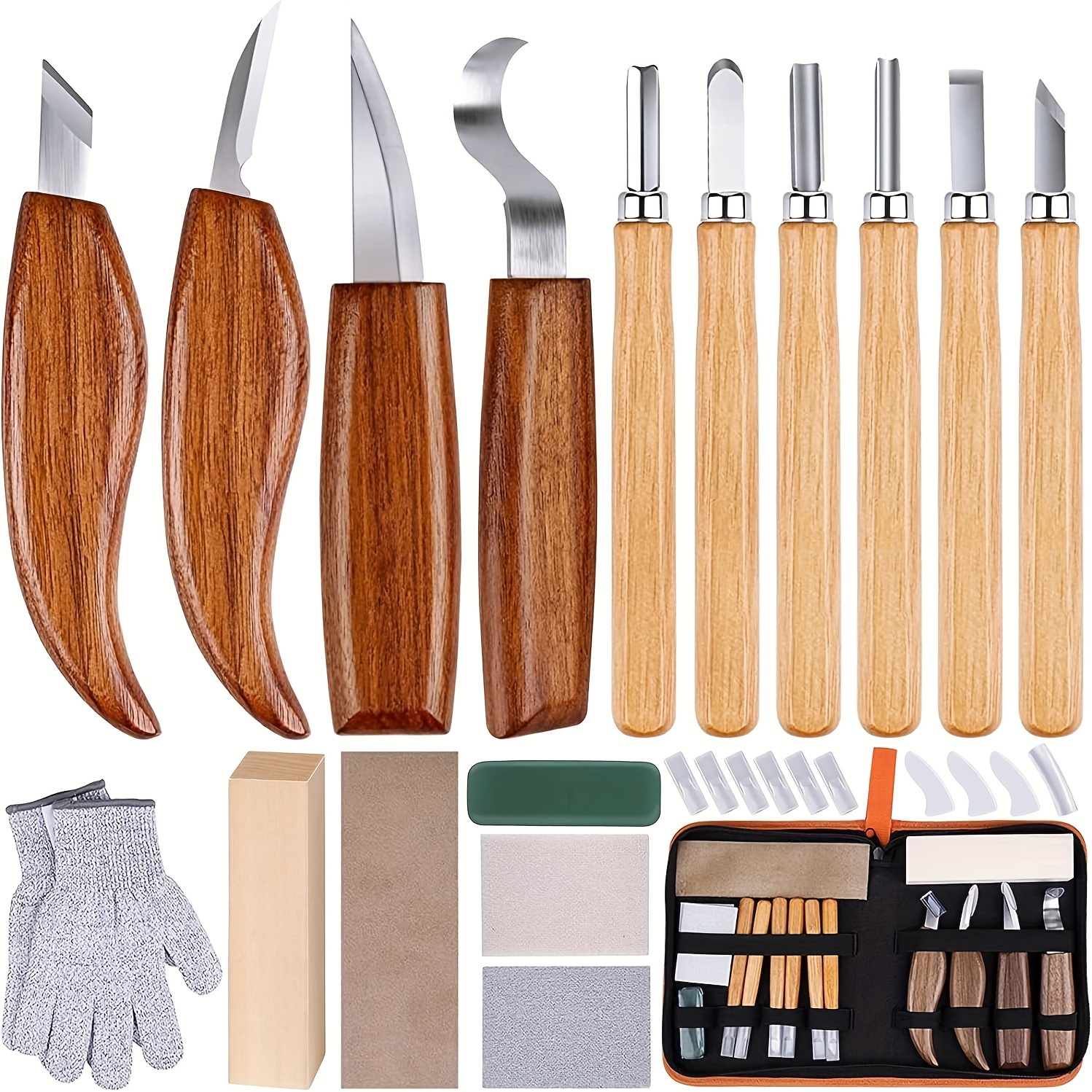 

Wood Carving Kit 26pcs Wood Carving Tools Hand Carving Knife Set With Anti-slip Cut-resistant Gloves, Carving Kit For Beginners Whittling Kit For Adults Woodworking Diy Halloween