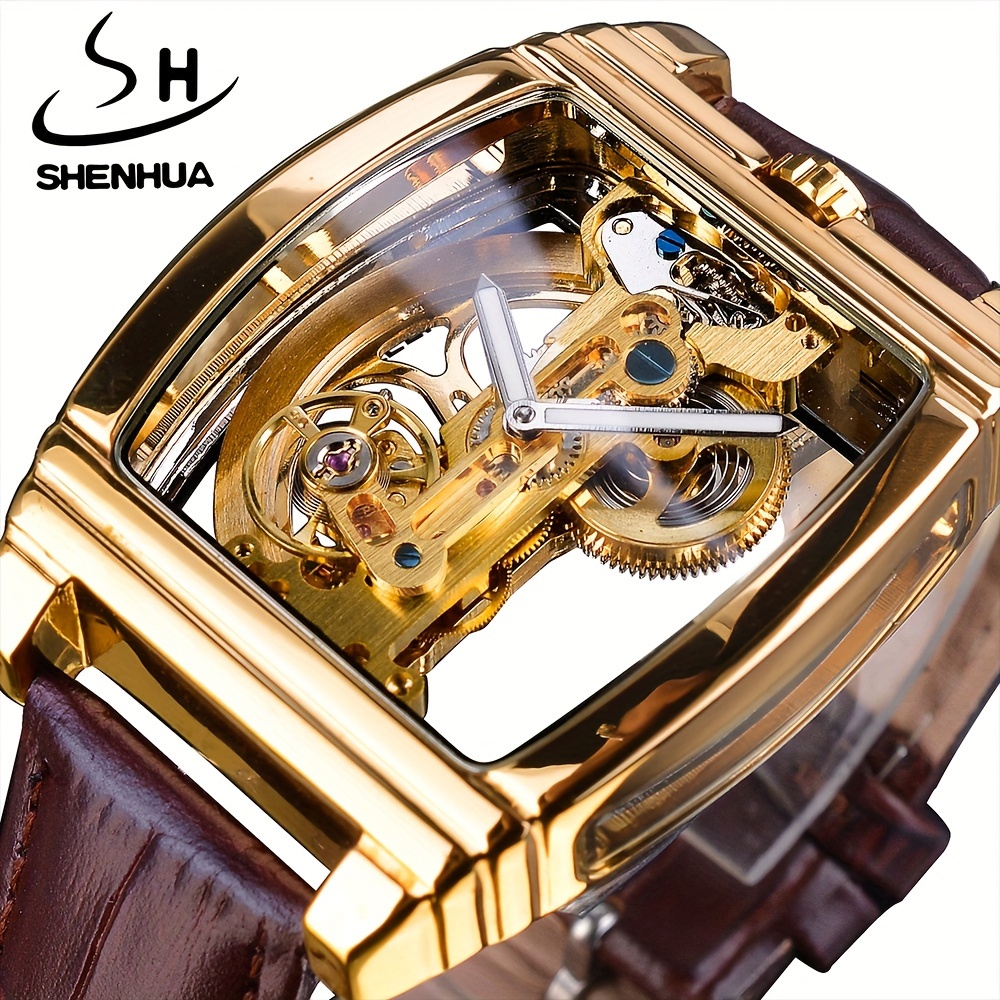 

Shenhua Vintage Skeleton Mechanical Watch For Men - Barrel-shaped Transparent Dial, Stainless Steel Case, Pu Leather Strap, Non-waterproof, Mechanical Movement Wristwatch