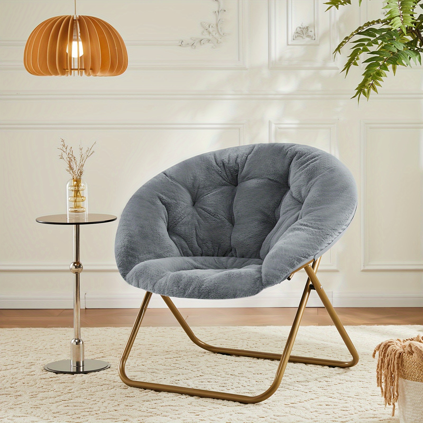 

Saucer Chair Cozy Comfortable Faux Fur Seat Metal Frame Non-slip Leg For Bedroom Living Room Dining, Cozy Padding Soft Comfy Relax Large, Grey White Pink