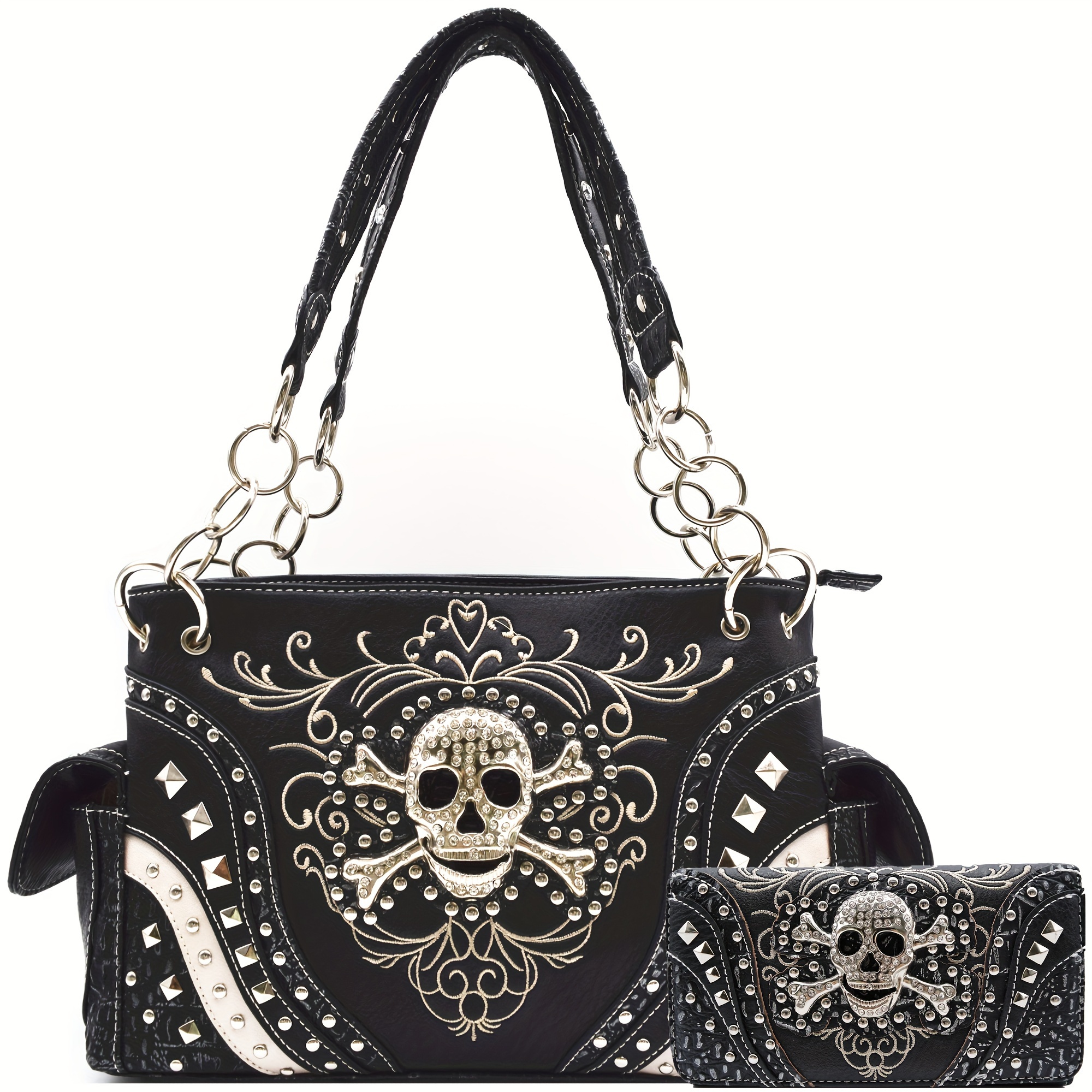 TEMU Punk Gothic Rock Metallic Skull Skull Leather Purse Women Handbag Shoulder Bag Wallet Set