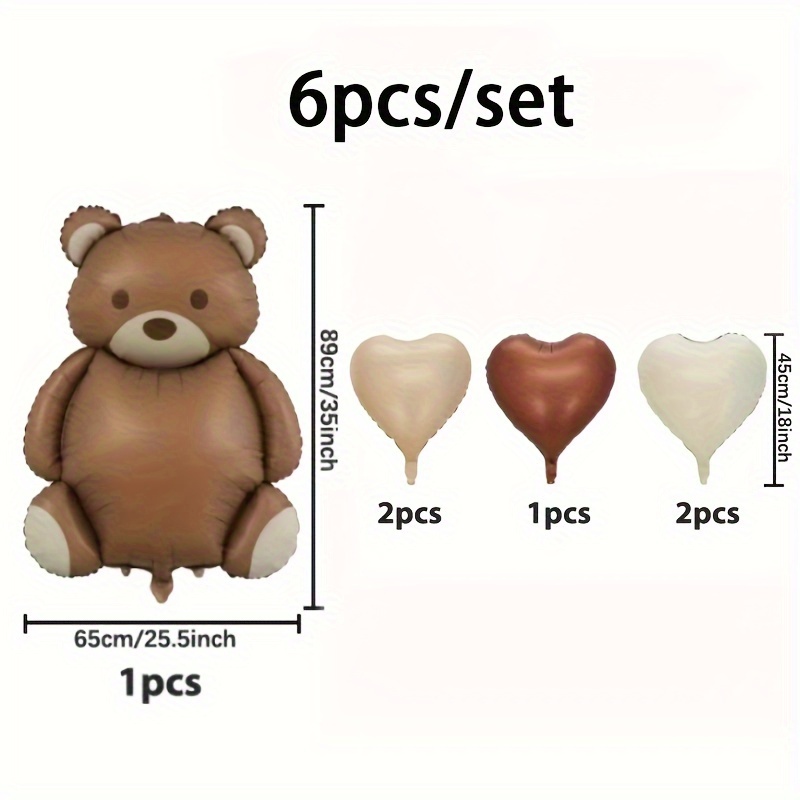 Image of Set Of 6 Teddy Bear Heart Balloons For Birthday Decoration For Christmas, Halloween