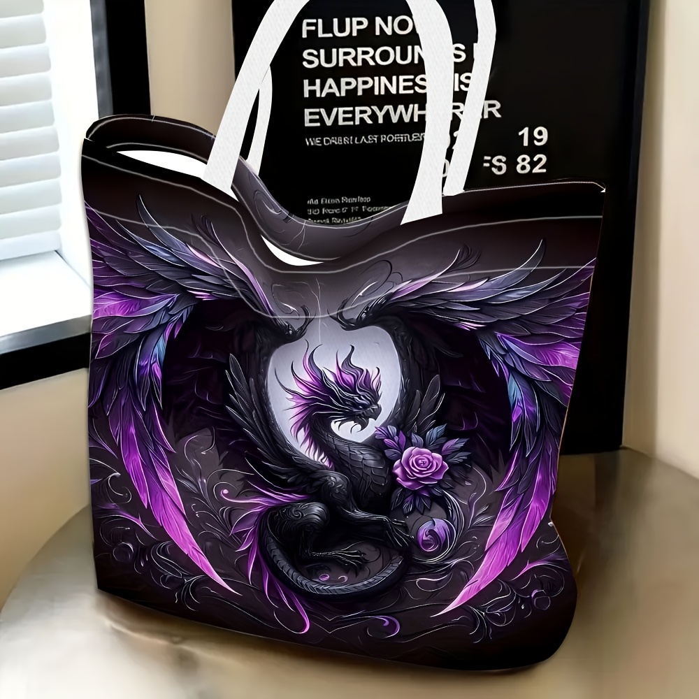 TEMU 1pc, Black Dragon Wings And Purple Rose Theme Women's Shoulder Bag, Multifunctional Handbag, Clutch, Evening Bag, Travel Essential, Exquisite ,