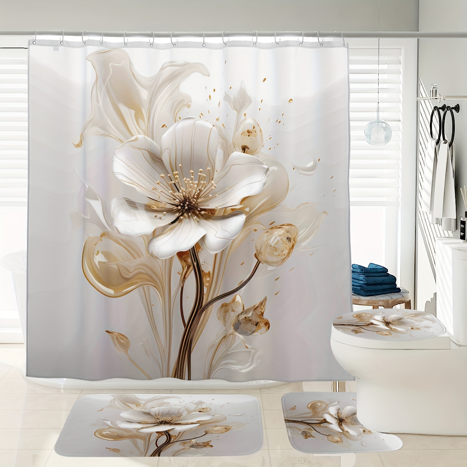 

1/3/4pcs Golden Floral Pattern Shower Curtain Set, Shower Curtain With 12 Hooks, Non-slip Bath Mat, U-shaped Toilet Mat, Toilet Mat, Bathroom Decor Accessories