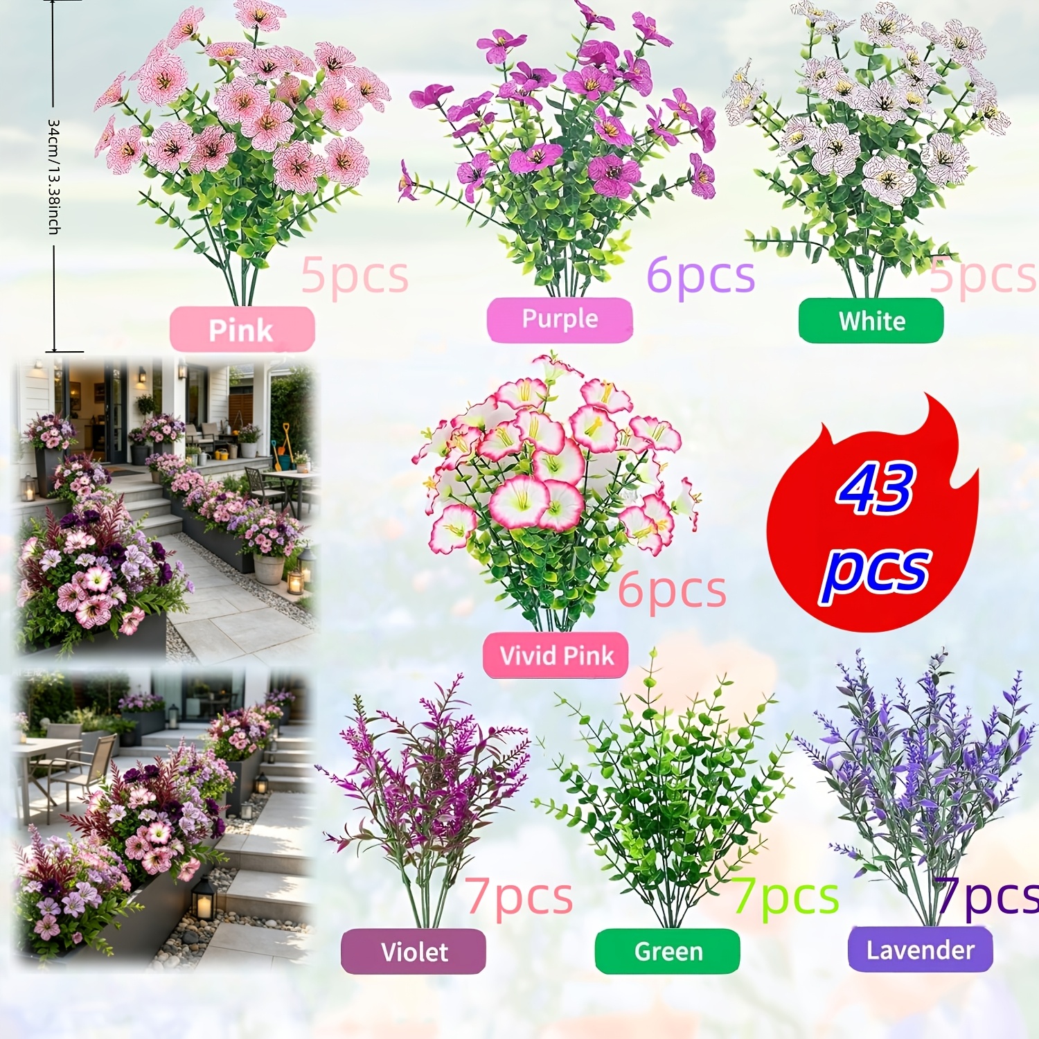 Image of 43 Bundles Of Outdoor Artificial Flowers - Violet, , Eucalyptus Leaves, Etc. Combined, Uv Resistant Realistic Fake Flowers No Fading. Wedding Party