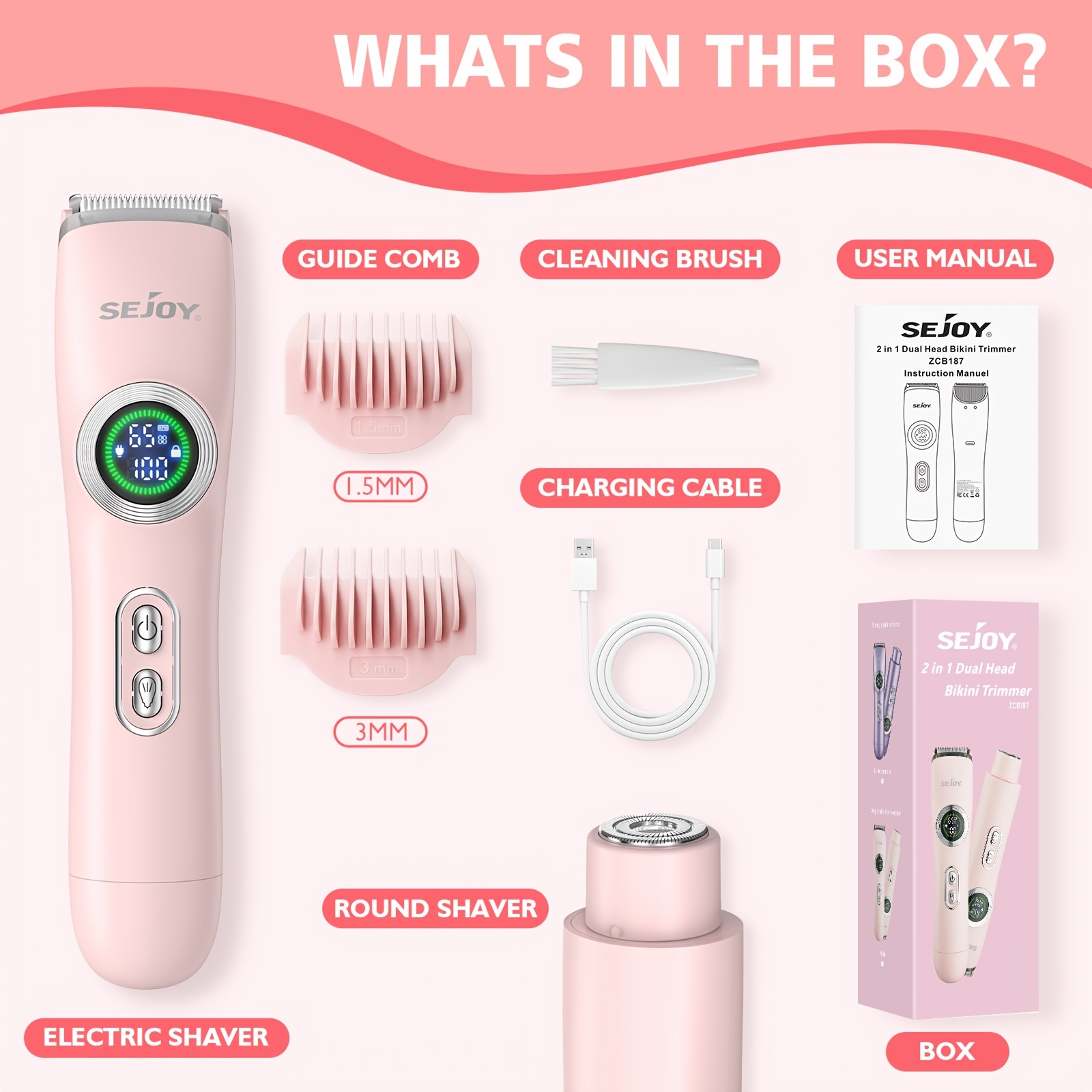 TEMU Sejoy Bikini Trimmer With Digital Display For Women Dual Head, Painless Electric Razors For Pubic Hair, Face, Legs, Underarms, Portable Cordless