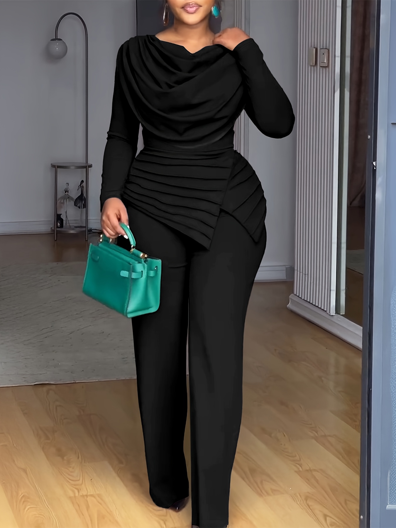 A Long-Sleeved Top with a Gathered Design And a Waist-Cinching Feature, Paired with Wide-Leg Jumpsuits